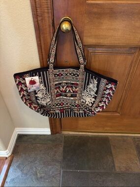 Johnny Was Bohemian Embroidered Black Tote Bag with beige, red, orange, & green.